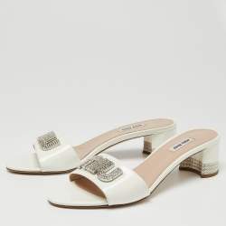 Miu Miu  White Patent Crystal Embellished Slide Sandals Size 40