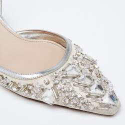 Pre Owned Miu Miu Silver/Grey Leather And Satin Crystal Embellished Block Heel Sandals Size 36