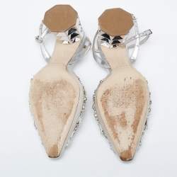 Pre Owned Miu Miu Silver/Grey Leather And Satin Crystal Embellished Block Heel Sandals Size 36