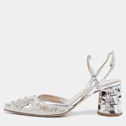 Pre Owned Miu Miu Silver/Grey Leather And Satin Crystal Embellished Block Heel Sandals Size 36