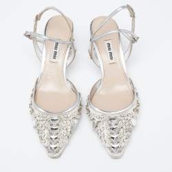Pre Owned Miu Miu Silver/Grey Leather And Satin Crystal Embellished Block Heel Sandals Size 36