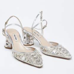 Pre Owned Miu Miu Silver/Grey Leather And Satin Crystal Embellished Block Heel Sandals Size 36