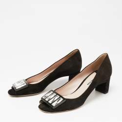 Pre Owned Miu Miu  Brown Suede Crystal Embellished Peep Toe Pumps Size 37.5