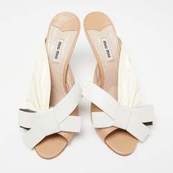 Miu Miu Tri-Color Ruched Patent and Leather Bow Open-Toe Mules Size 40