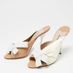 Miu Miu Tri-Color Ruched Patent and Leather Bow Open-Toe Mules Size 40