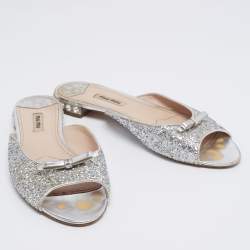 Miu Miu Silver Coarse Glitter Embellished Slide Sandals Size 41