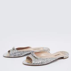 Miu Miu Silver Coarse Glitter Embellished Slide Sandals Size 41