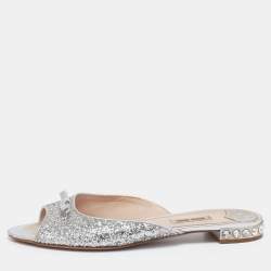 Miu Miu Silver Coarse Glitter Embellished Slide Sandals Size 41