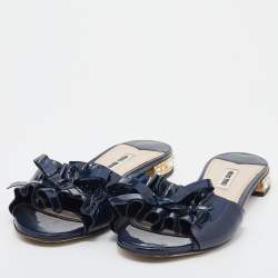 Miu Miu Navy Blue Patent Leather Bow Crystal Embellished Heel Slide Sandals Size 37