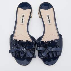 Miu Miu Navy Blue Patent Leather Bow Crystal Embellished Heel Slide Sandals Size 37