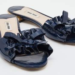 Miu Miu Navy Blue Patent Leather Bow Crystal Embellished Heel Slide Sandals Size 37