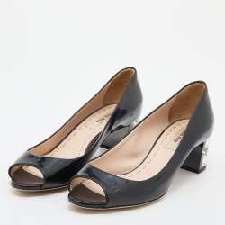 Pre Owned Miu Miu Black Patent Leather Crystal Embellished Block Heel Peep Toe Pumps Size 36