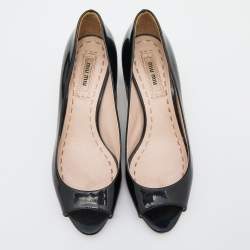 Pre Owned Miu Miu Black Patent Leather Crystal Embellished Block Heel Peep Toe Pumps Size 36
