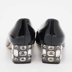 Pre Owned Miu Miu Black Patent Leather Crystal Embellished Block Heel Peep Toe Pumps Size 36