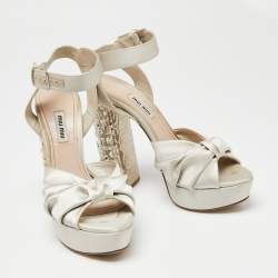 Miu Miu Grey Satin Crystal Embellished Heel Platform Ankle Strap Sandals Size 39.5