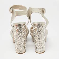Miu Miu Grey Satin Crystal Embellished Heel Platform Ankle Strap Sandals Size 39.5