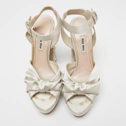 Miu Miu Grey Satin Crystal Embellished Heel Platform Ankle Strap Sandals Size 39.5