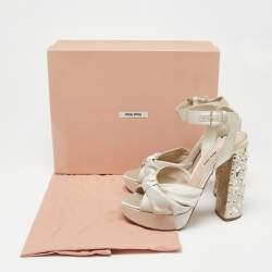 Miu Miu Grey Satin Crystal Embellished Heel Platform Ankle Strap Sandals Size 39.5