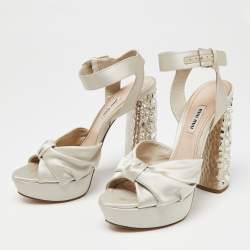Miu Miu Grey Satin Crystal Embellished Heel Platform Ankle Strap Sandals Size 39.5