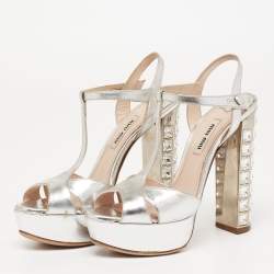 Miu Miu Silver Leather T-Strap Crystal Embellished Heel Platform Sandals Size 35.5
