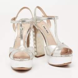 Miu Miu Silver Leather T-Strap Crystal Embellished Heel Platform Sandals Size 35.5