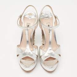 Miu Miu Silver Leather T-Strap Crystal Embellished Heel Platform Sandals Size 35.5