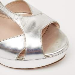 Miu Miu Silver Leather T-Strap Crystal Embellished Heel Platform Sandals Size 35.5