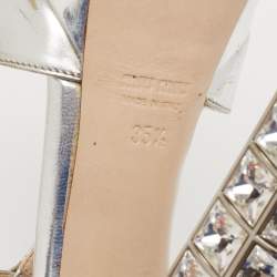 Miu Miu Silver Leather T-Strap Crystal Embellished Heel Platform Sandals Size 35.5