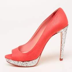 Miu Miu Neon Pink Leather And Glitter Peep Toe Platform Pumps Size 38.5