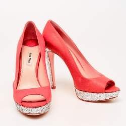 Miu Miu Neon Pink Leather And Glitter Peep Toe Platform Pumps Size 38.5