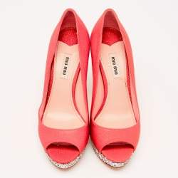 Miu Miu Neon Pink Leather And Glitter Peep Toe Platform Pumps Size 38.5