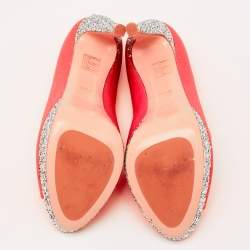 Miu Miu Neon Pink Leather And Glitter Peep Toe Platform Pumps Size 38.5