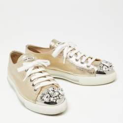 Pre Owned Miu Miu Gold Leather Crystal Embellished Cap Toe Sneakers Size 38.5 