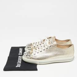 Pre Owned Miu Miu Gold Leather Crystal Embellished Cap Toe Sneakers Size 38.5 