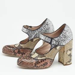 Miu Miu Multicolor Glitter and Python Mary Jane Block Heel Pumps Size 35