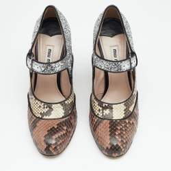 Miu Miu Multicolor Glitter and Python Mary Jane Block Heel Pumps Size 35