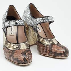 Miu Miu Multicolor Glitter and Python Mary Jane Block Heel Pumps Size 35