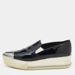 Pre Owned Miu Miu Black Patent Leather Metal Cap Pointed Toe Platform Slip On Sneakers Size 41