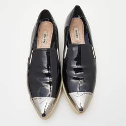 Pre Owned Miu Miu Black Patent Leather Metal Cap Pointed Toe Platform Slip On Sneakers Size 41