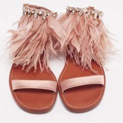 Pre Owned Miu Miu Beige Satin And Fur Crystal Embellished Ankle Cuff Flat Sandals Size 37.5