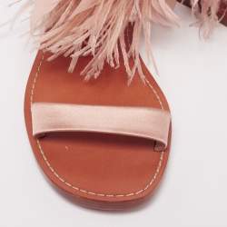 Pre Owned Miu Miu Beige Satin And Fur Crystal Embellished Ankle Cuff Flat Sandals Size 37.5