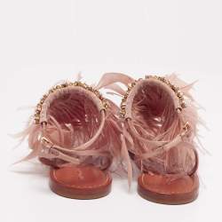 Pre Owned Miu Miu Beige Satin And Fur Crystal Embellished Ankle Cuff Flat Sandals Size 37.5