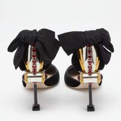 Miu Miu Black Velvet Crystal Embellished Heel Bow Ankle Strap Sandals Size 37.5