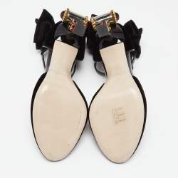 Miu Miu Black Velvet Crystal Embellished Heel Bow Ankle Strap Sandals Size 37.5