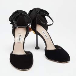 Miu Miu Black Velvet Crystal Embellished Heel Bow Ankle Strap Sandals Size 37.5