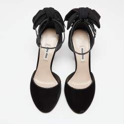 Miu Miu Black Velvet Crystal Embellished Heel Bow Ankle Strap Sandals Size 37.5