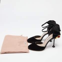Miu Miu Black Velvet Crystal Embellished Heel Bow Ankle Strap Sandals Size 37.5