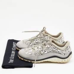 Miu Miu Grey Satin And Stretch Fabric Astro Crystal Embellished Low Top Sneakers Size 36