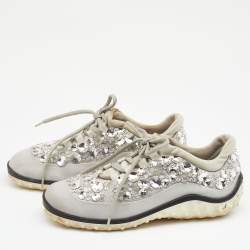 Miu Miu Grey Satin And Stretch Fabric Astro Crystal Embellished Low Top Sneakers Size 36