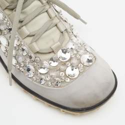 Miu Miu Grey Satin And Stretch Fabric Astro Crystal Embellished Low Top Sneakers Size 36